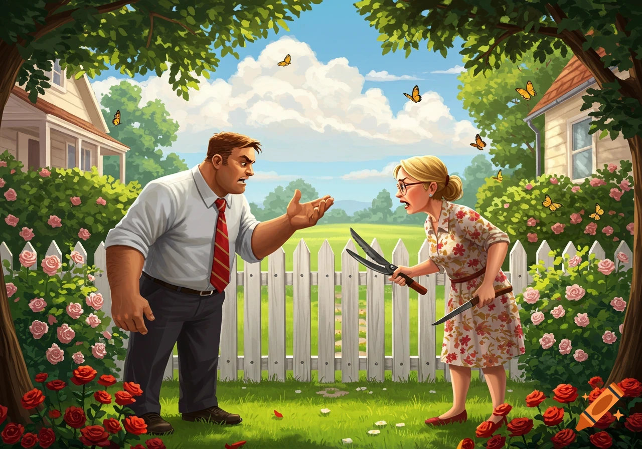 A cartoon illustration of a man and woman angrily arguing over a white picket fence in a sunny garden.