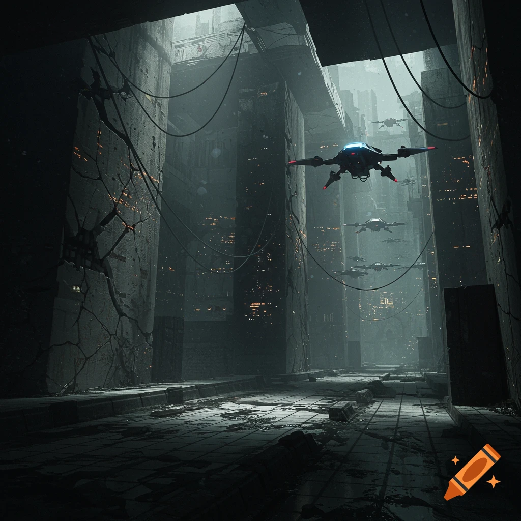 Dark, dystopian futuristic city with towering cracked buildings and multiple flying drones in a misty, cavernous setting.