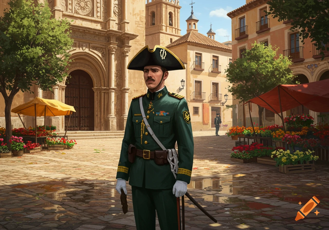 A man in a historical green military uniform and black tricorn hat stands in a sunny European town square with flower stalls and historic buildings.