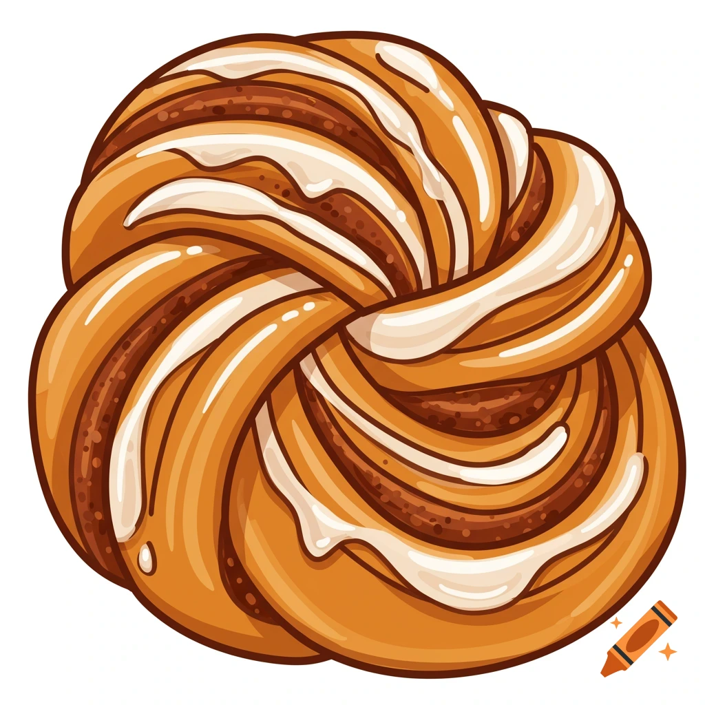 A comic style illustration of a knot-shaped cinnamon bun with white frosting, against a white background.