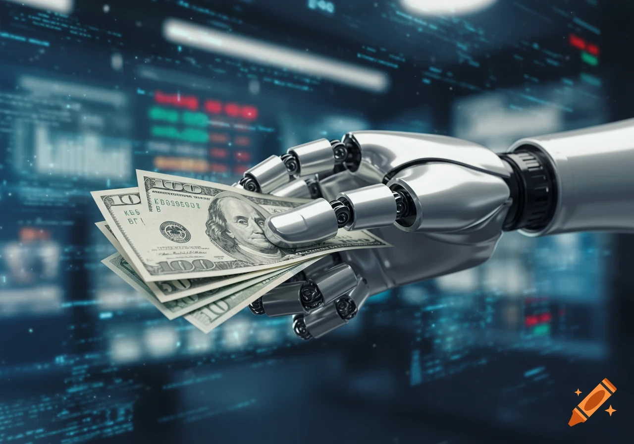 A silver robotic hand holds several hundred-dollar bills against a blurry, futuristic digital background with data points.