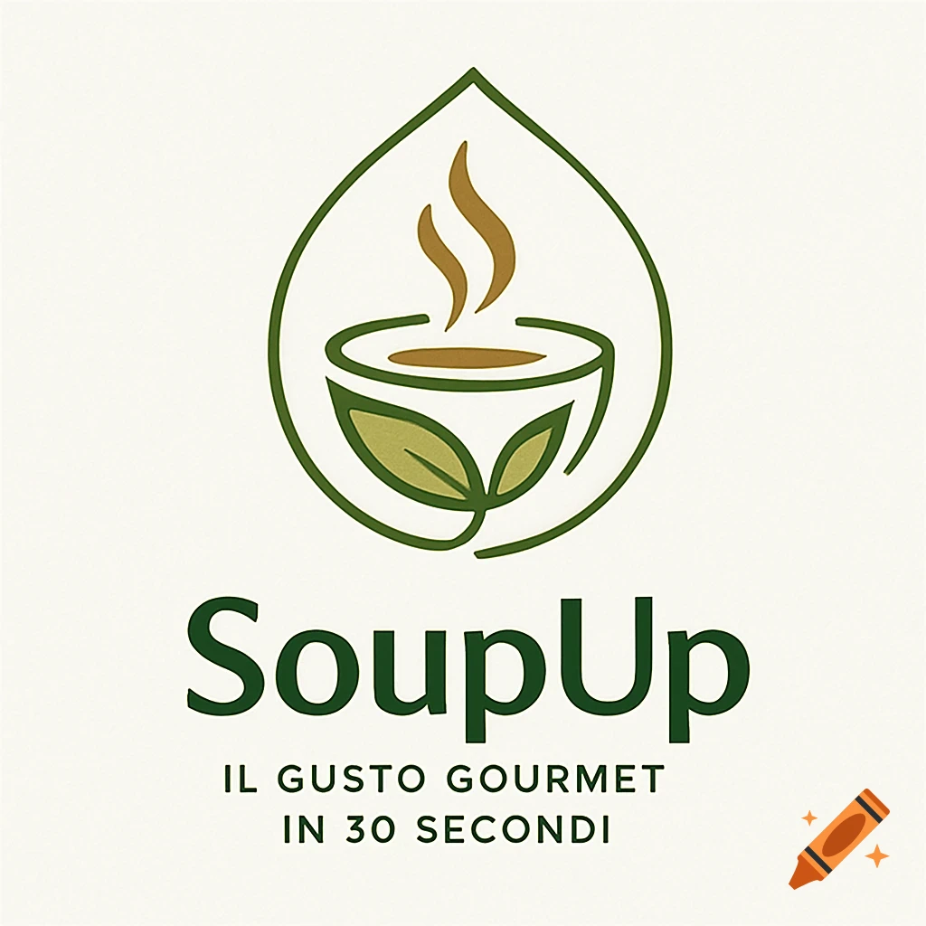A green and brown logo for SoupUp features a droplet shape enclosing a stylized soup bowl with steam and two leaves. Below is the text "SoupUp" and the tagline "IL GUSTO GOURMET IN 30 SECONDI".