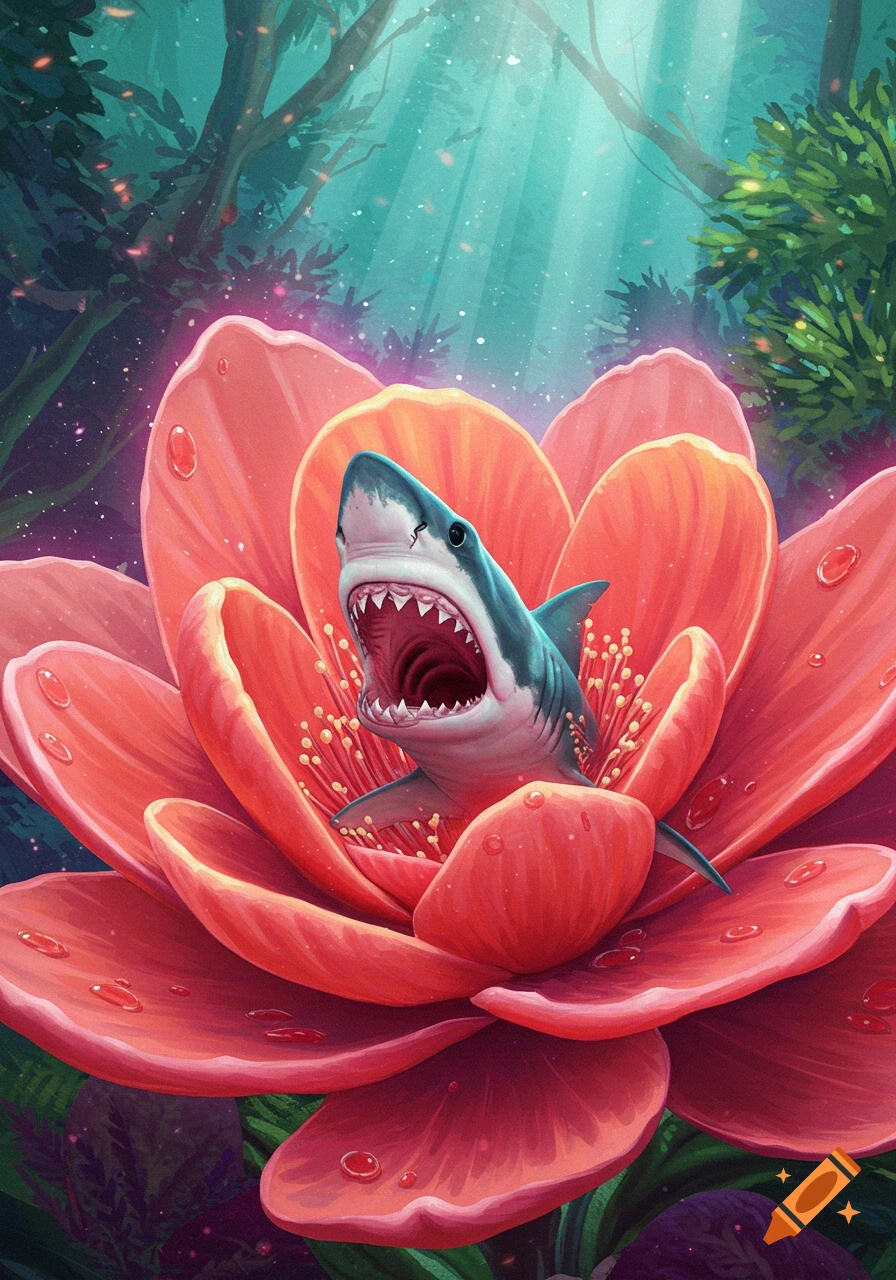 A vibrant, surreal illustration of a shark's head with an open mouth emerging from a large, red-orange flower, set in a magical forest.