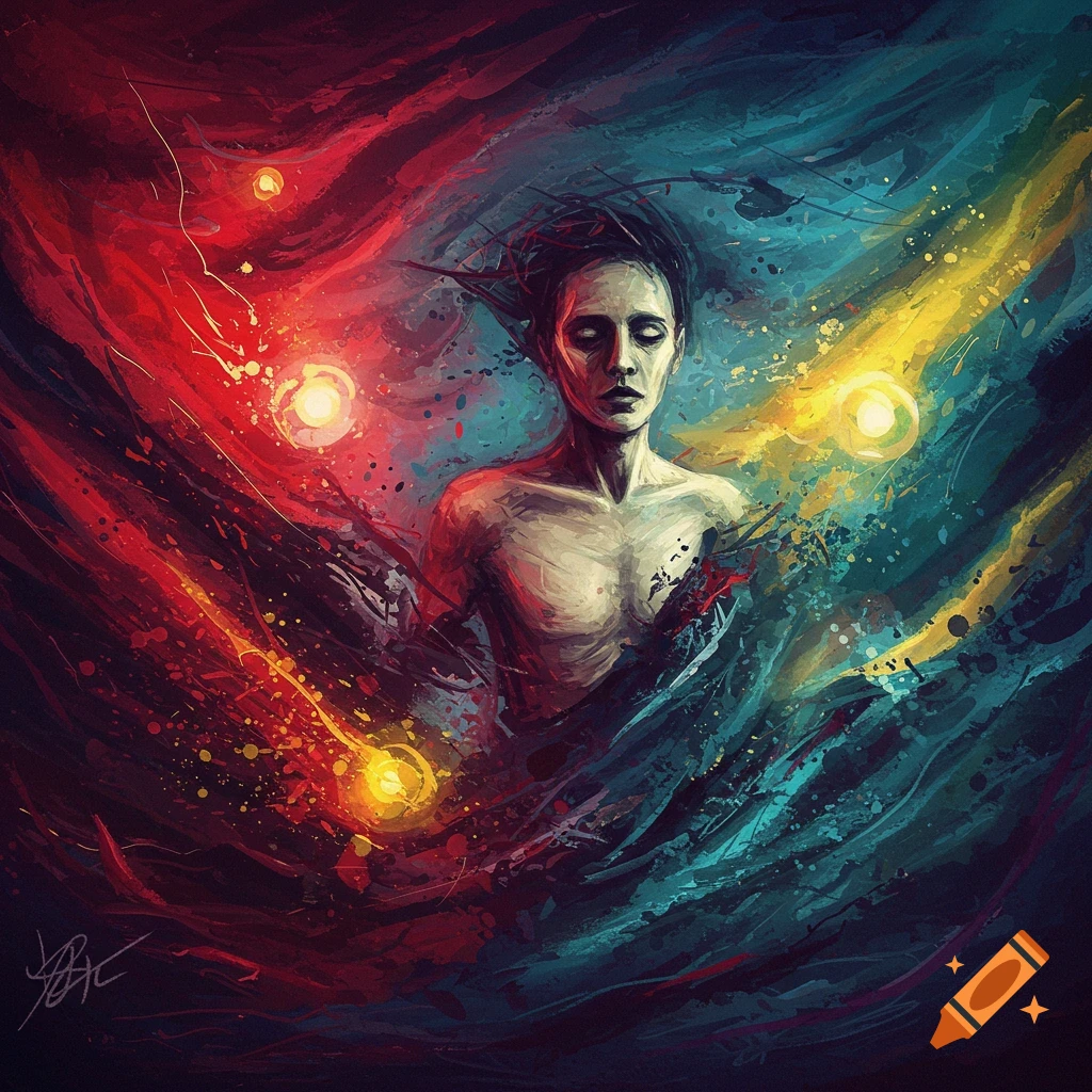 Expressionistic painting of a figure with closed eyes amidst swirling red, blue, and yellow abstract colors with glowing orbs.