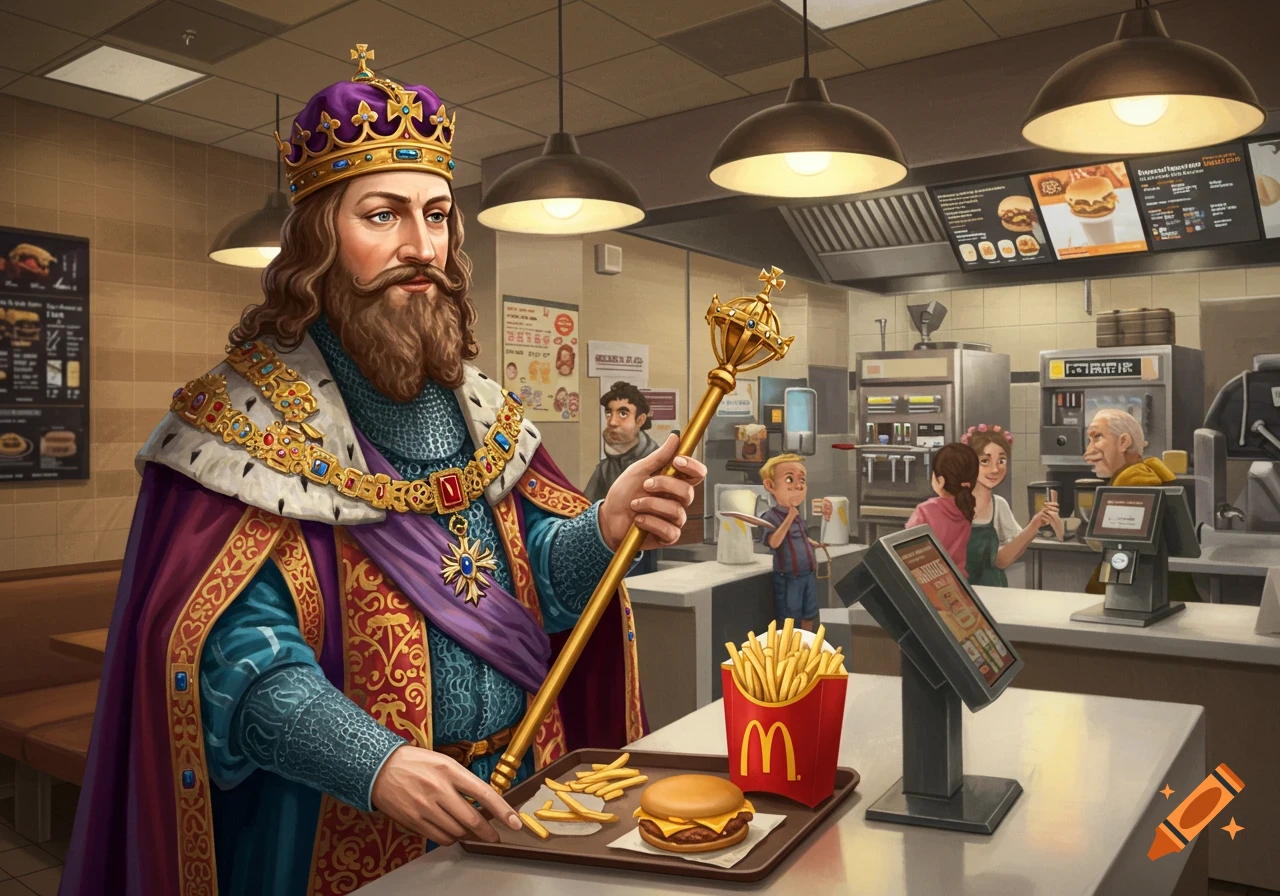 A regal king in medieval attire with a crown and scepter holds a tray with a burger and fries inside a McDonald's restaurant.