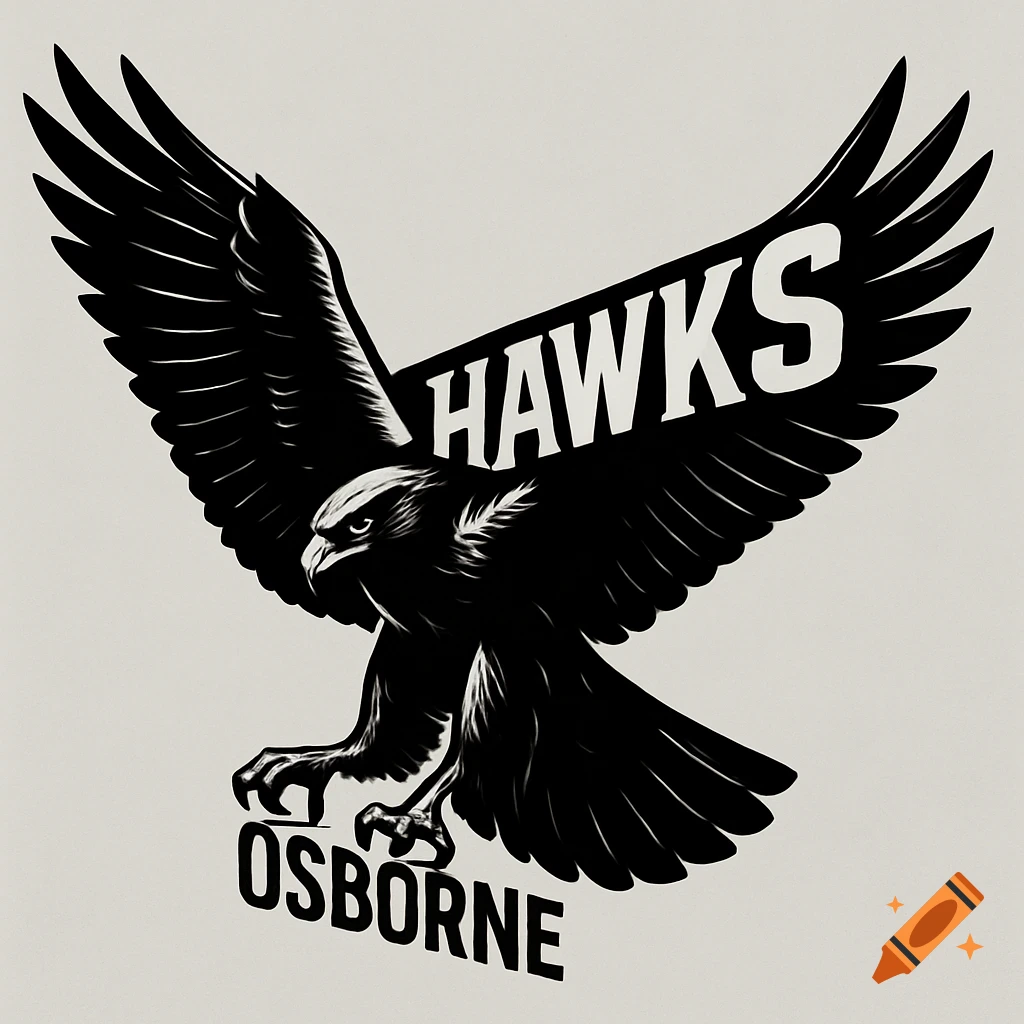 Black and white logo of a soaring hawk with spread wings, featuring the words "HAWKS" and "OSBORNE".