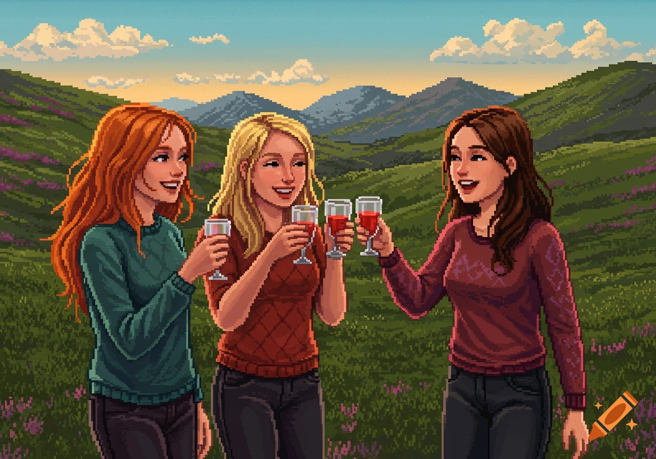 Three smiling girls with red, blonde, and brown hair toast with red wine in a pixel art style highland landscape.