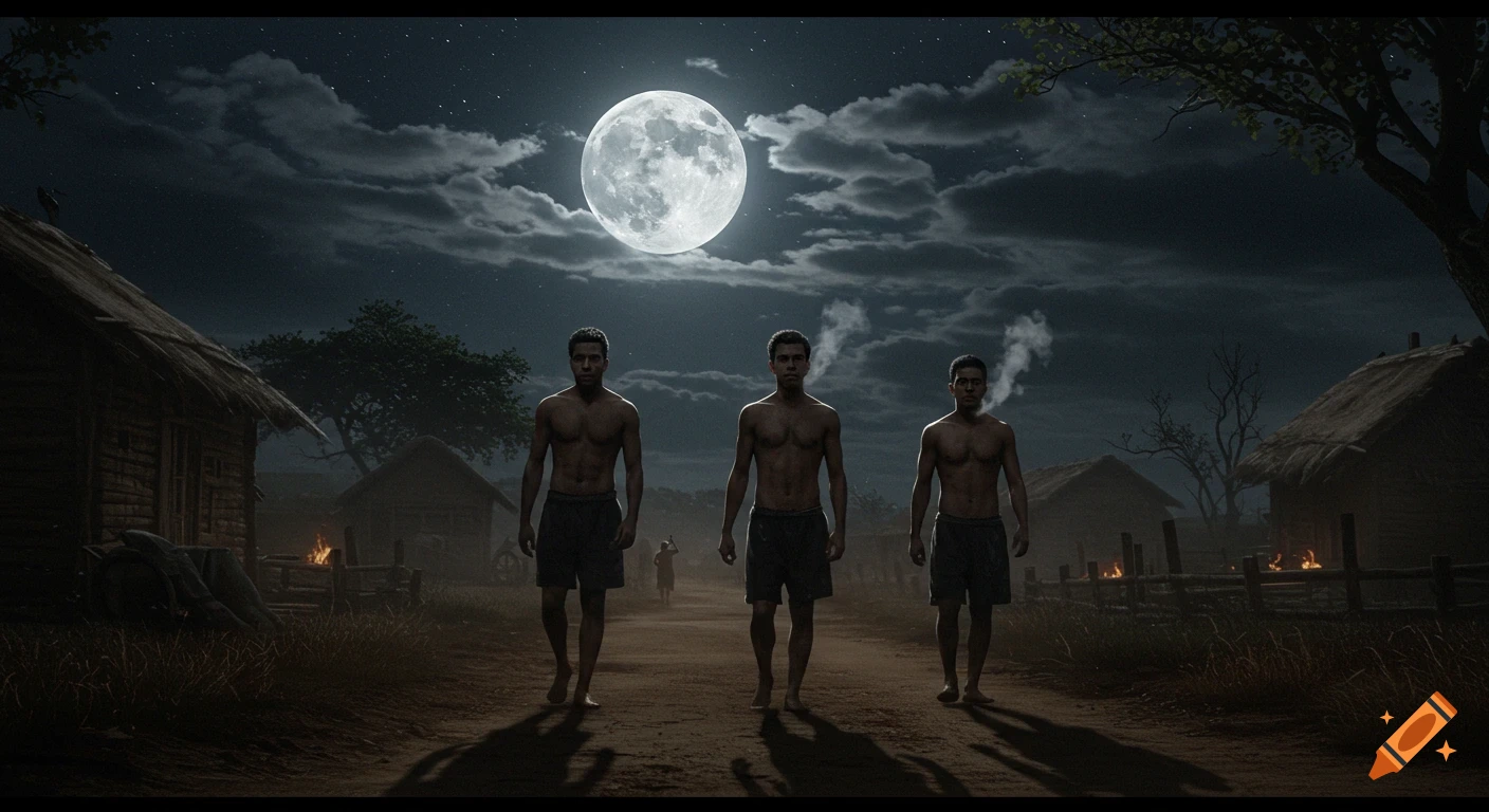 Three athletic young men walk shirtless on a dusty path through a dark village under a large full moon at night.