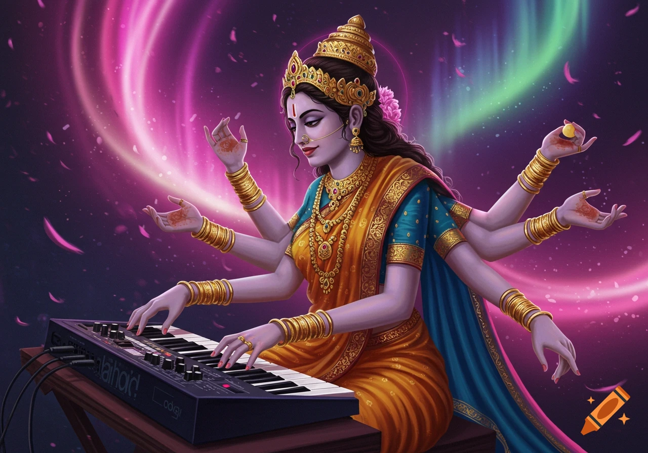 A multi-armed Hindu goddess in a golden sari plays a synthesizer against a vibrant pink and purple cosmic background.