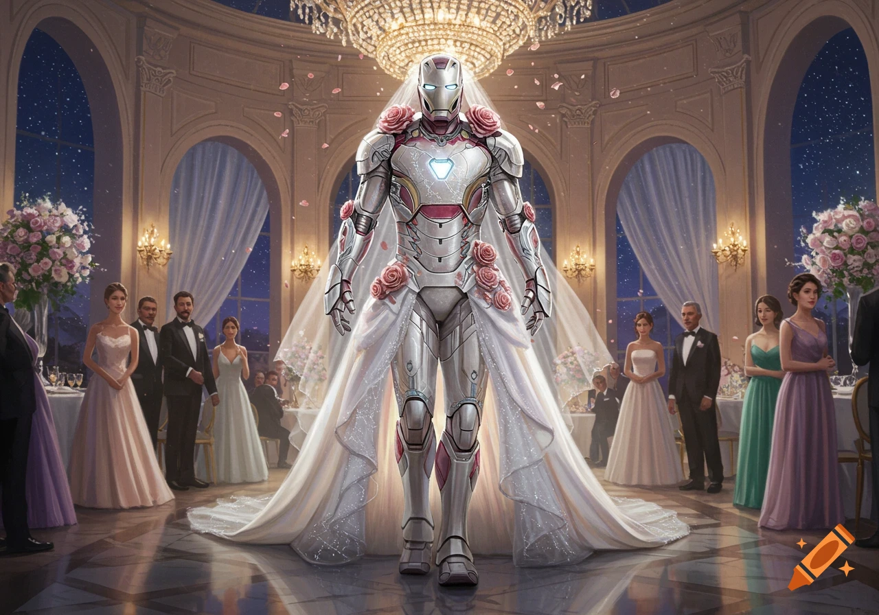 Iron Man in a white wedding dress and veil, adorned with pink roses, stands in a grand ballroom with elegantly dressed guests.
