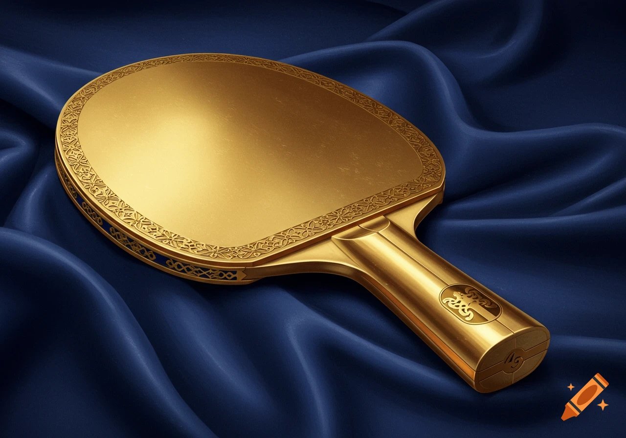 A luxurious golden table tennis paddle with intricate designs rests on a rich blue satin cloth.