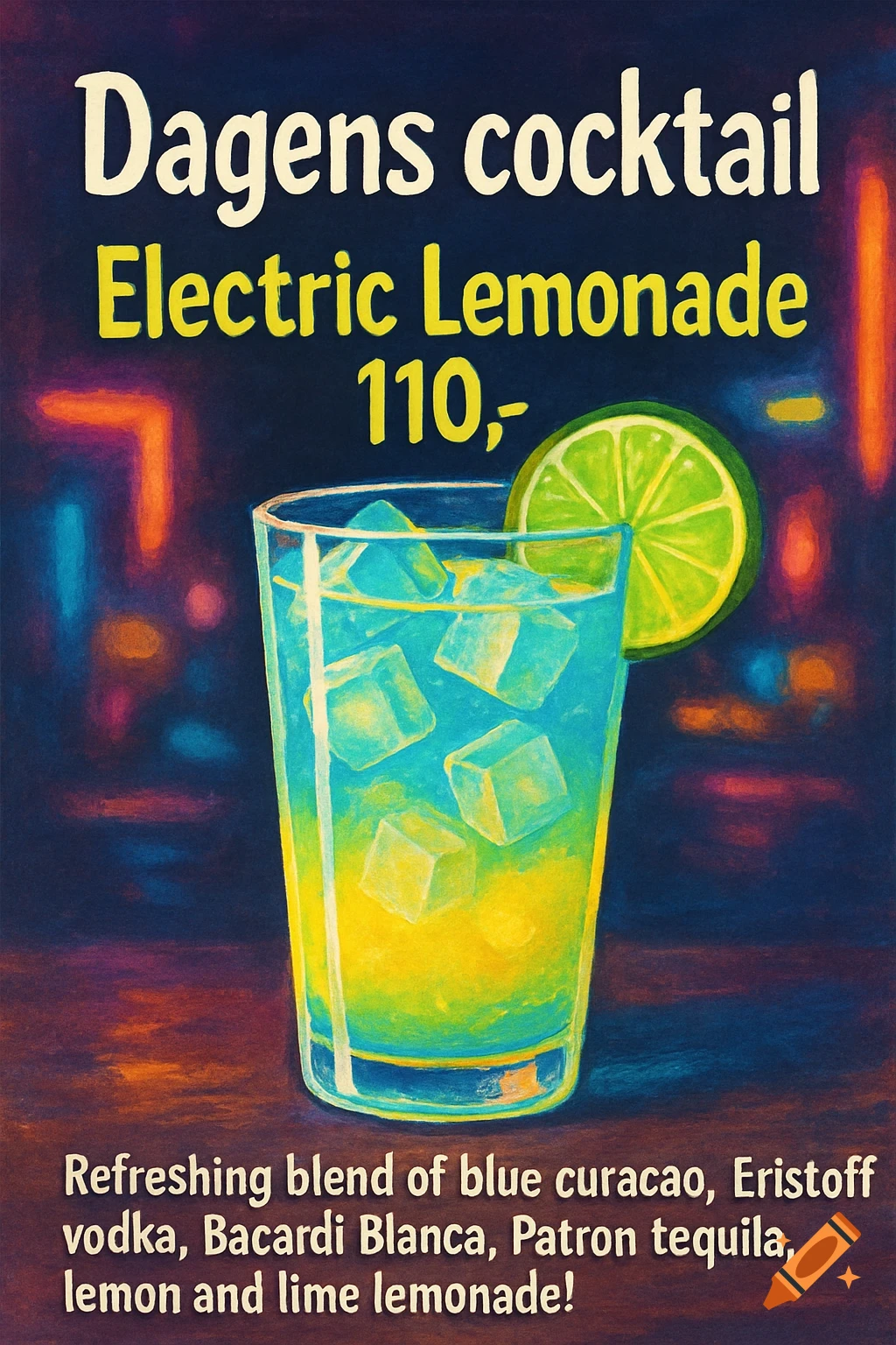 A vibrant poster for Electric Lemonade cocktail, showing a glass with blue and yellow liquid, ice cubes, and a lime slice, with text details.