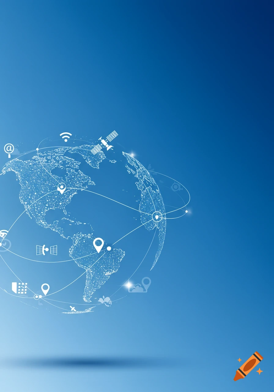 A minimalist digital illustration of a glowing Earth with a global network of satellites, lines, and communication icons on a blue background.