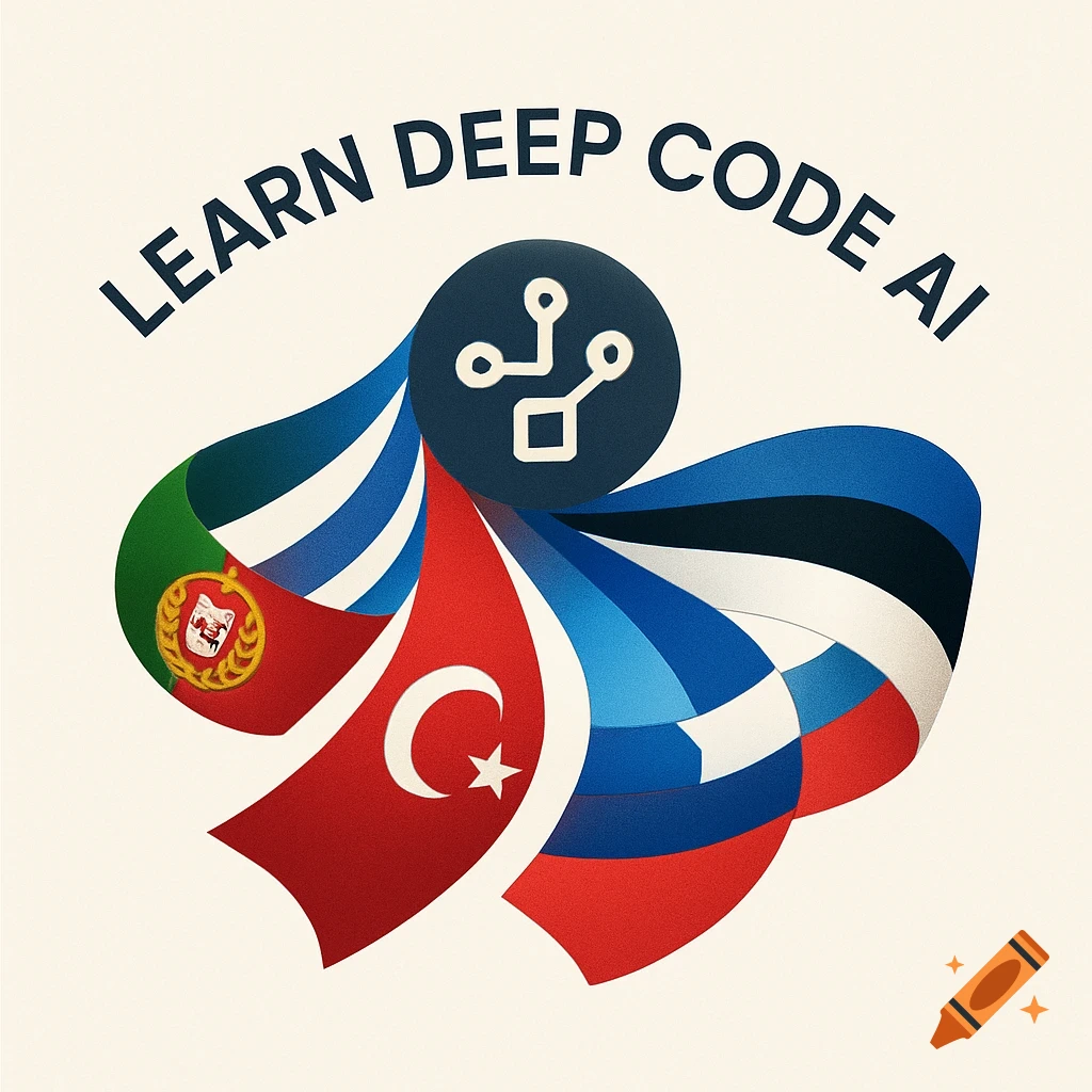 Logo with a circuit board icon, flowing ribbons of flags (Portugal, Turkey, Greece, Estonia), and arched text 'LEARN DEEP CODE AI'.