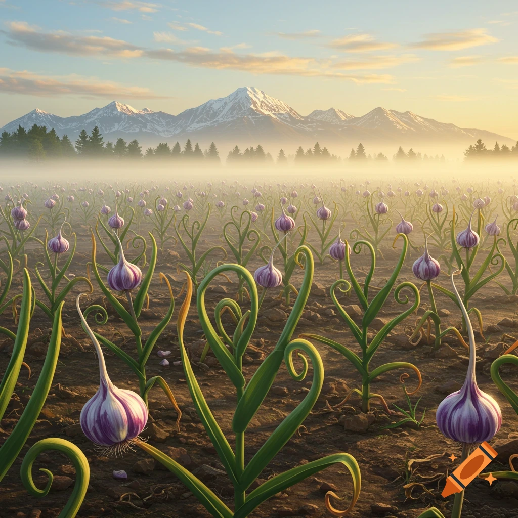 A vast field of flowering garlic plants with curly green stems, mist in the midground, and snow-capped mountains under a warm dawn sky.