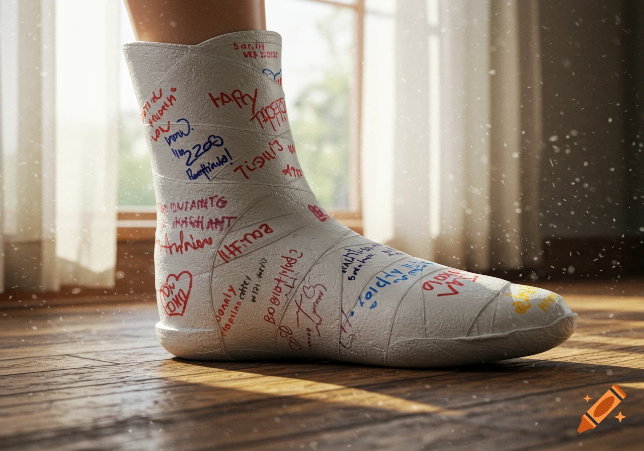 A close-up, low-angle shot of a leg in a white cast covered in colorful, handwritten messages, standing on a wooden floor near a sunny window.
