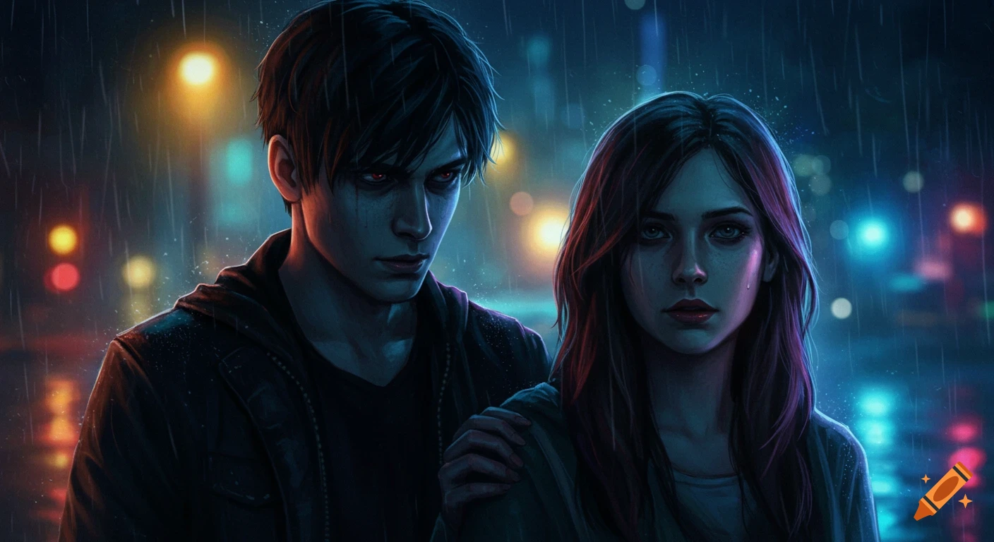 A dramatic digital art image of a man with red eyes and a woman standing close in the rain at night, illuminated by neon city lights.