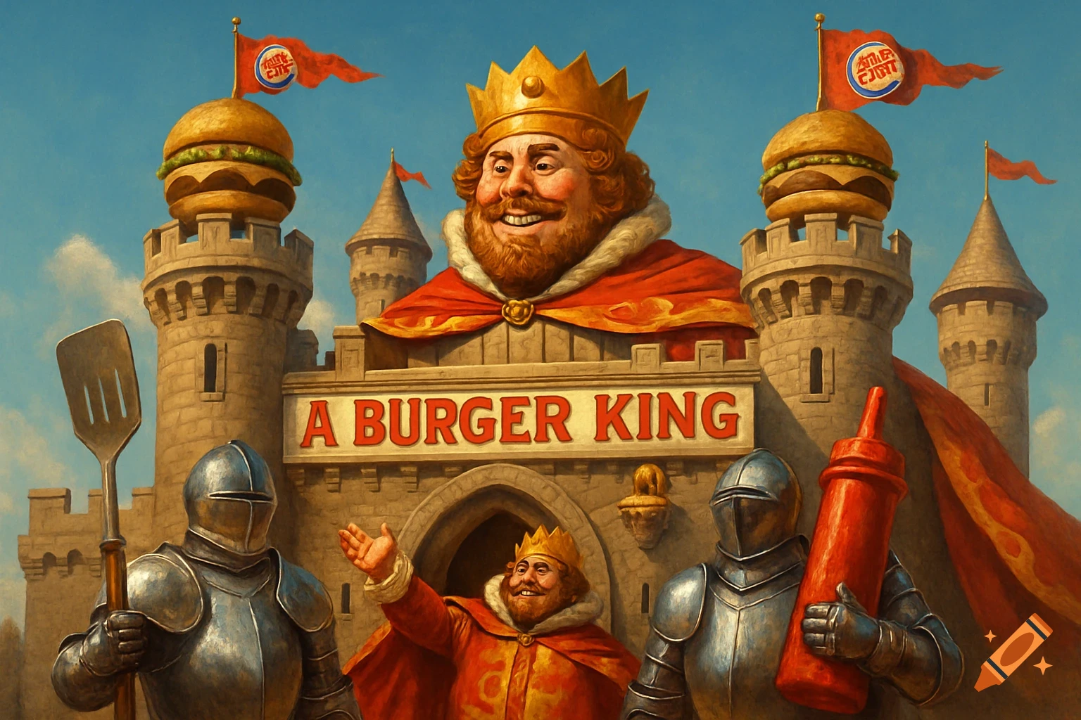 A king and knights stand before a Burger King castle with hamburgers on turrets and branded flags, in a painterly style.