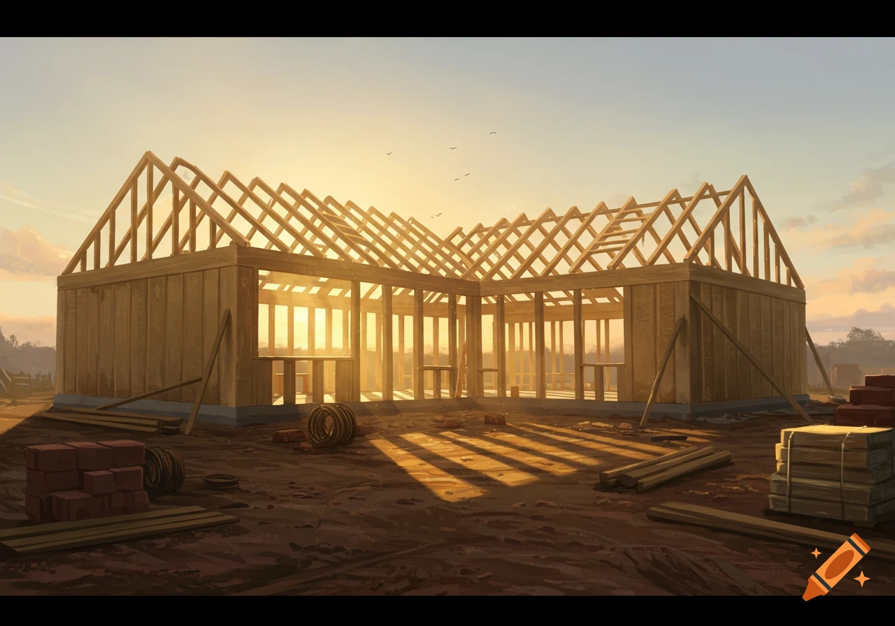 A house under construction at sunset with wooden framing and building materials on a dirt lot.