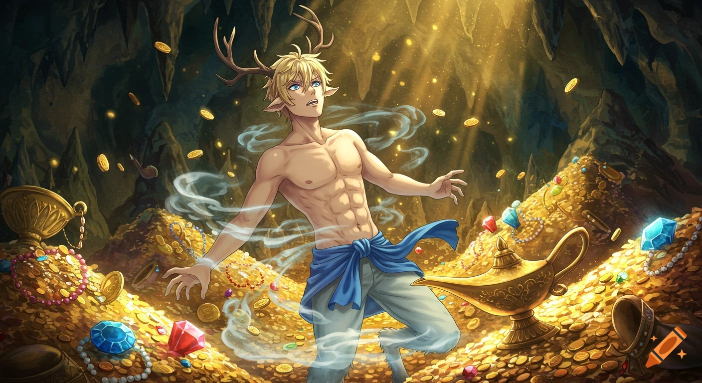 Anime satyr with antlers emerging from smoke, drawn to a golden lamp in a treasure cave filled with gold and jewels.
