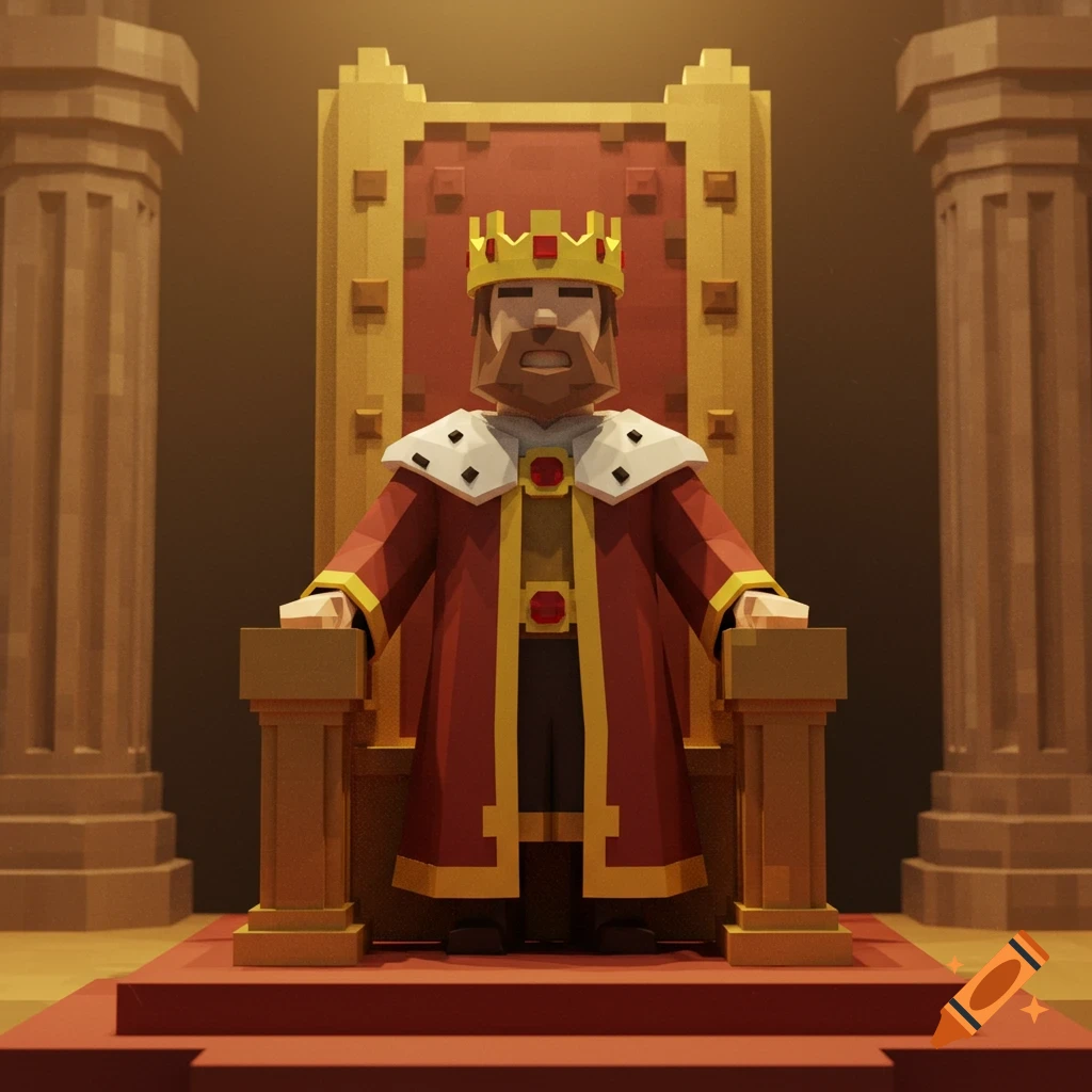 A low-poly, blocky king with a crown and red robe sits on an ornate golden throne between two pillars.