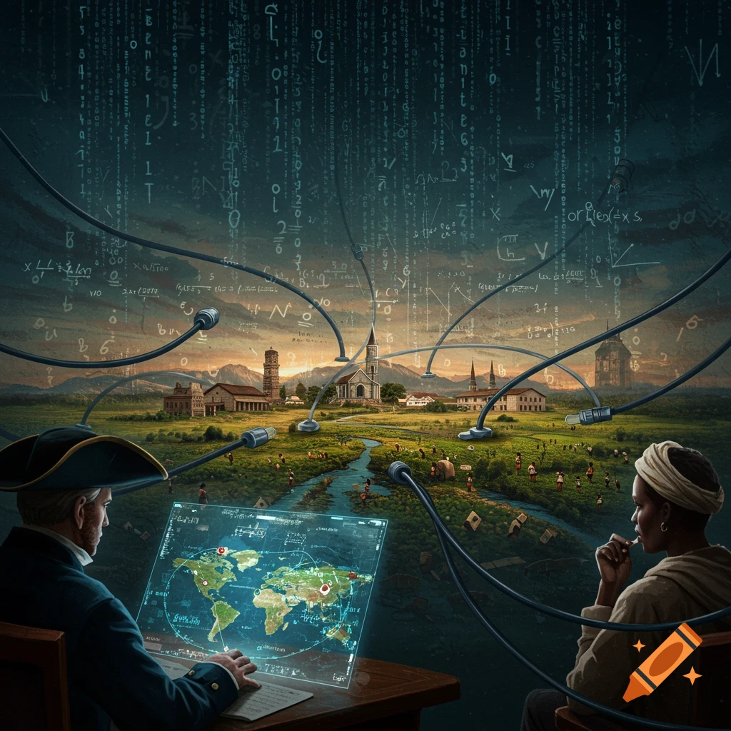 A symbolic illustration of colonialism with a 19th-century European colonizer looking at a digital map and a colonized person connected by wires. The landscape shows plantations and structures under a sky with binary code.