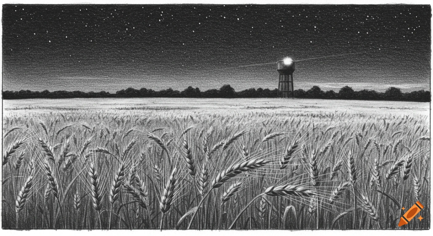 A black and white pencil sketch of a vast wheat field under a starry night sky, with a lit water tower in the distance.