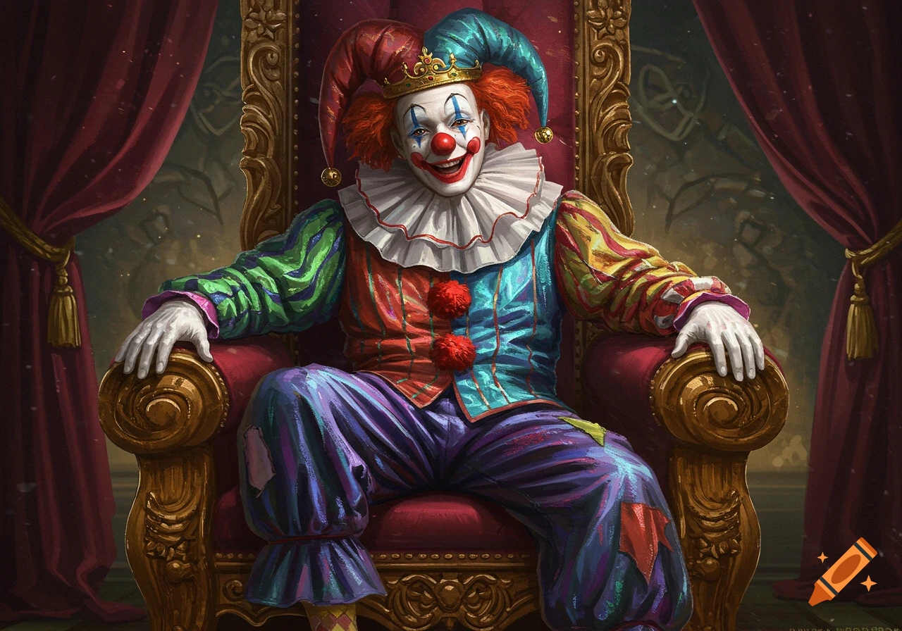 A detailed, realistic, vibrant image of a smiling clown in an elaborate jester costume and crown, seated on a golden throne.