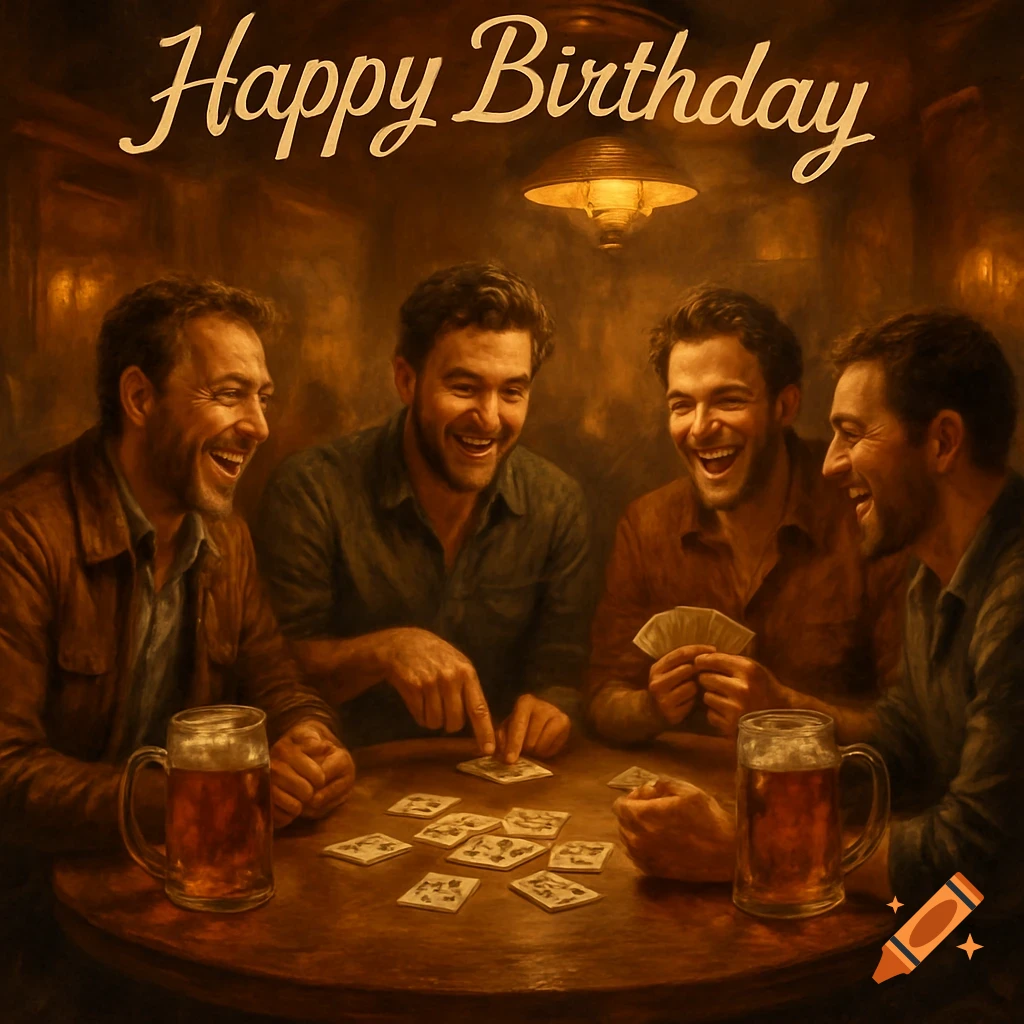 Four laughing men playing cards around a round wooden table with beer mugs, under a 'Happy Birthday' banner, in a painterly style.