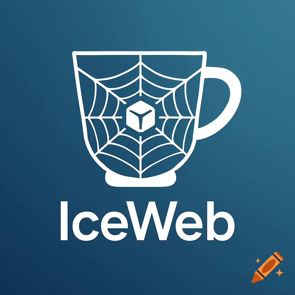 A white spiderweb and ice cube icon inside a cup silhouette, with "IceWeb" wordmark below, on a blue gradient background.