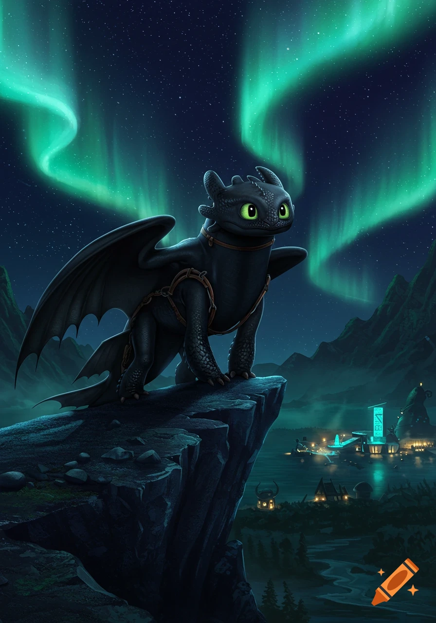 Toothless the black dragon stands on a dark cliff, gazing at a distant illuminated village under a starry night sky with vibrant green aurora borealis.