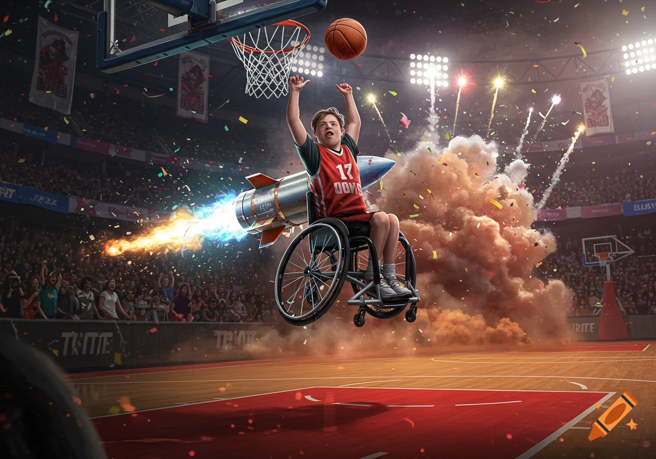A boy in a rocket-powered wheelchair flies towards a basketball hoop, surrounded by confetti and an explosion in a packed stadium.