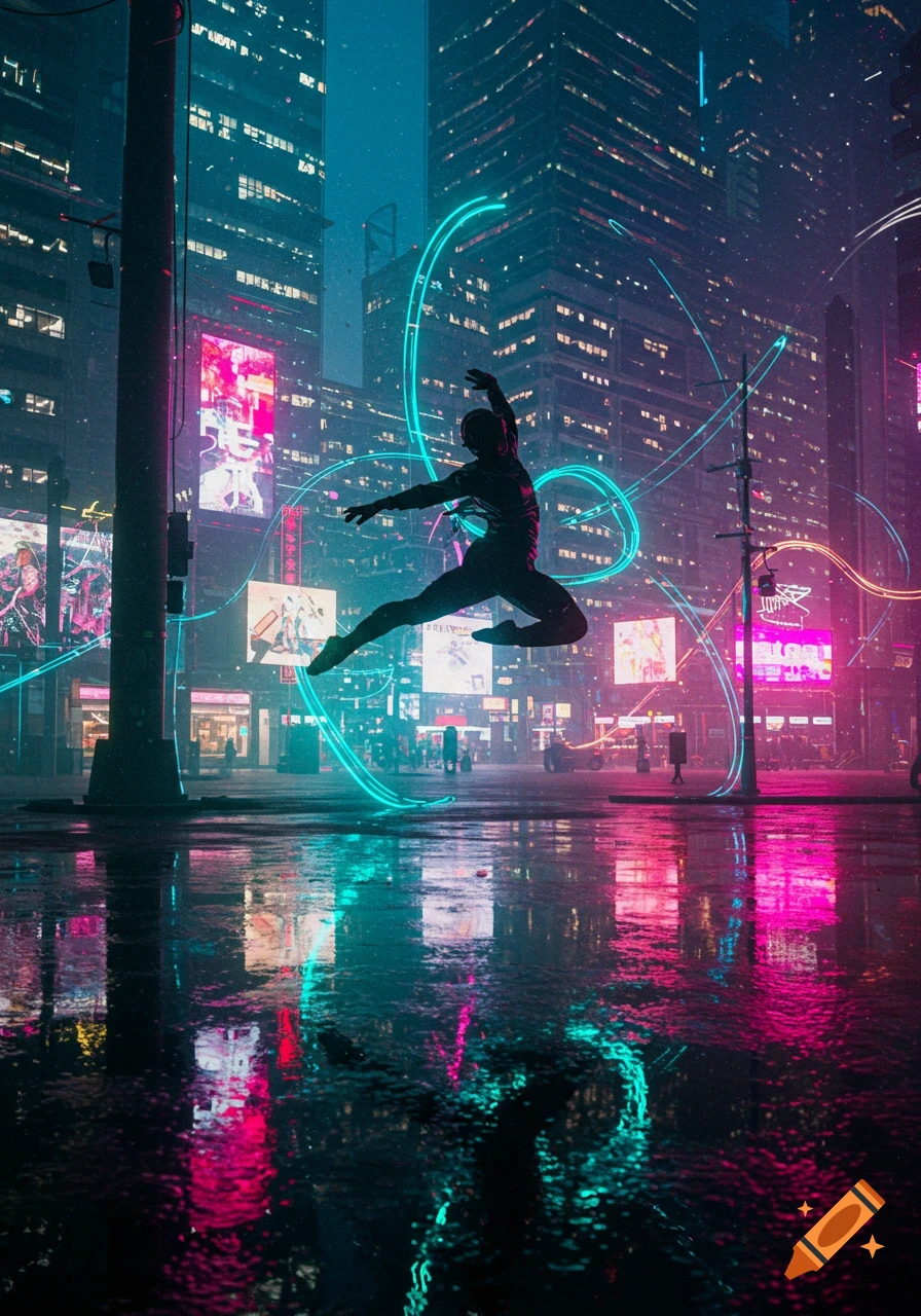 A silhouetted person dances mid-air in a futuristic cyberpunk city at night, surrounded by neon lights and glowing reflections on a wet street.