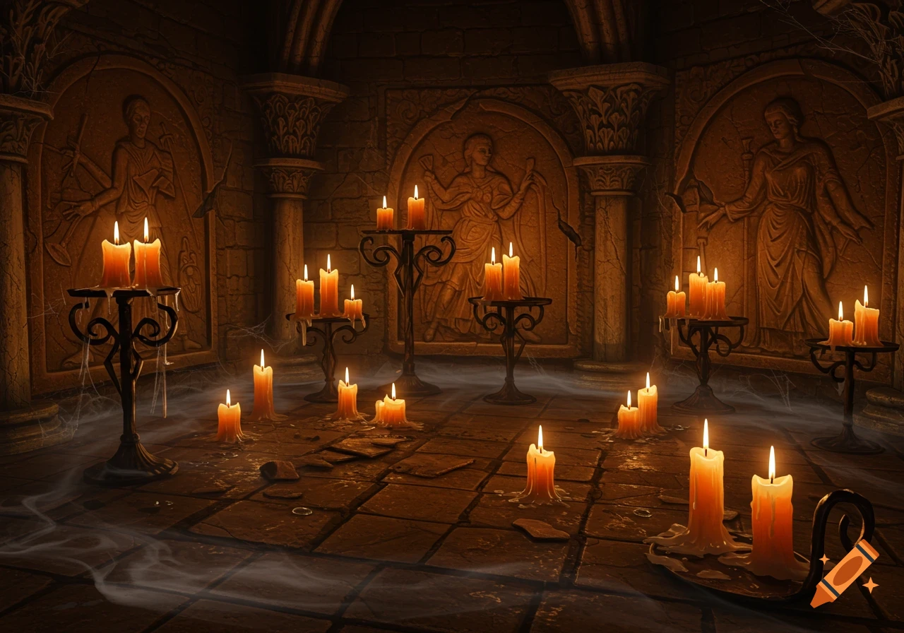 A dark, ancient stone chamber lit by numerous flickering candles, casting an atmospheric glow on carved wall reliefs and melted wax.