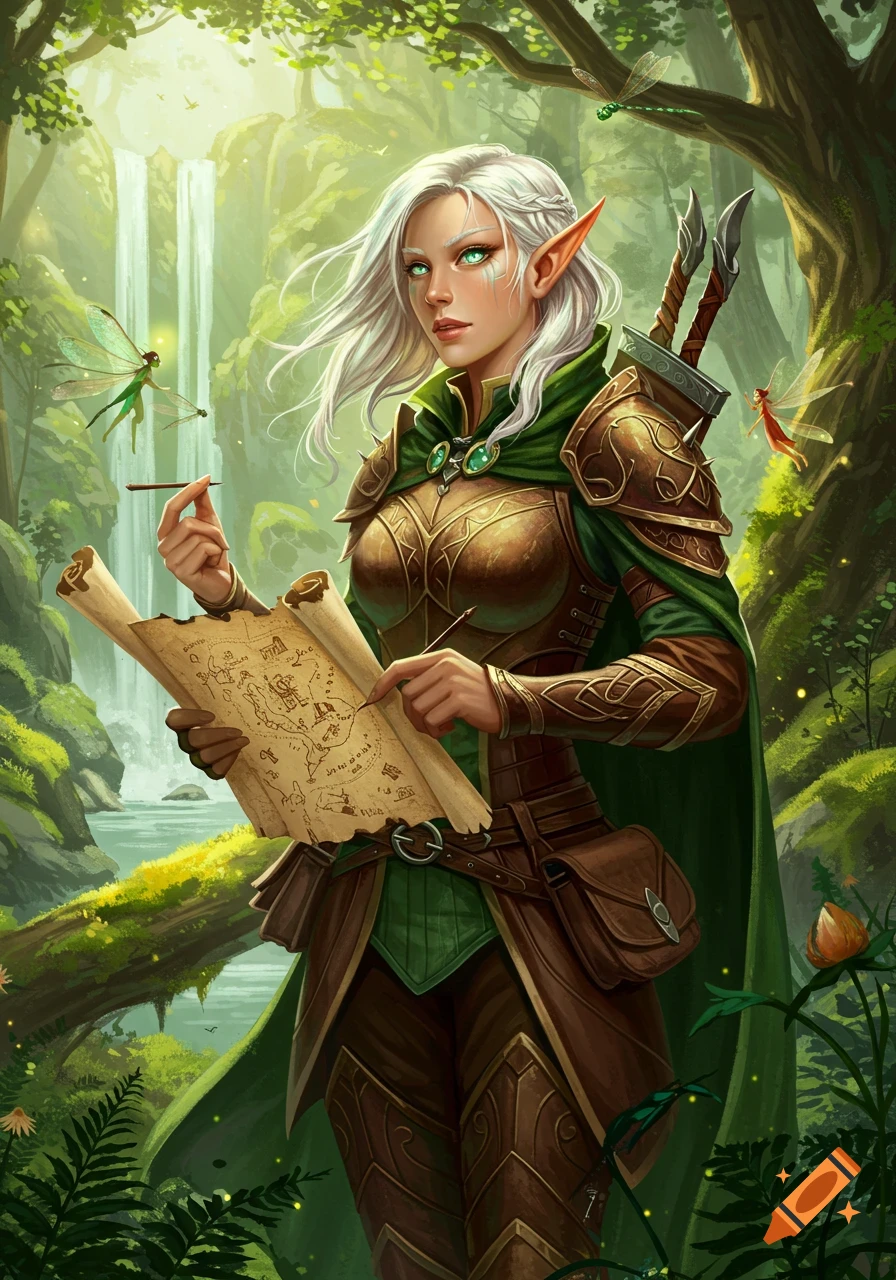 A female elf cartographer in a green cloak and bronze armor, holding and drawing on a map in a lush forest with waterfalls and glowing fireflies.