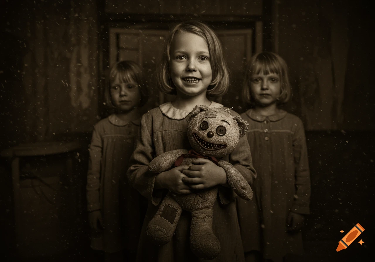 A sepia-toned vintage photo of a smiling girl holding a creepy teddy bear, flanked by two blurred girls in a dark room.