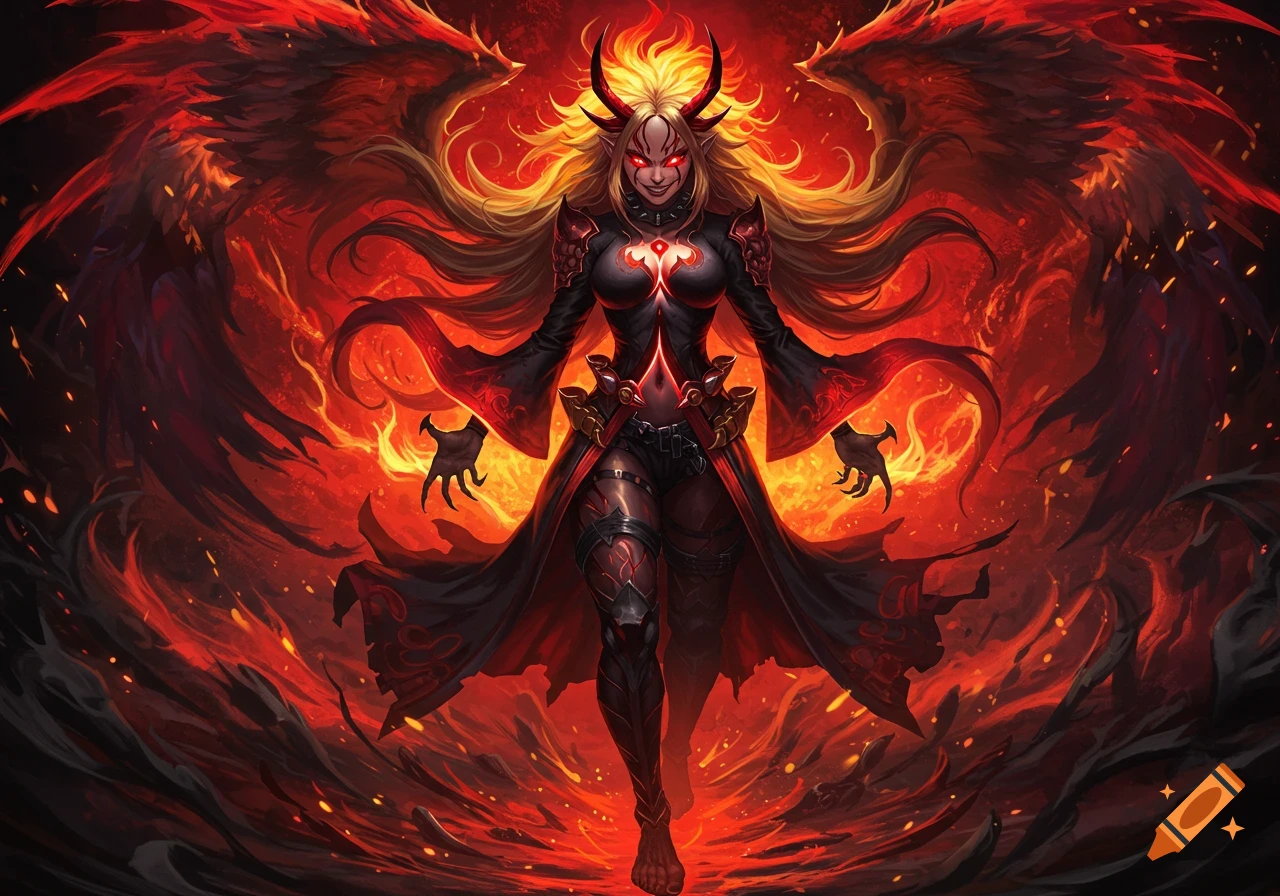 A demonic female figure with horns, fiery wings, and glowing red eyes stands amidst a fiery inferno, anime style.