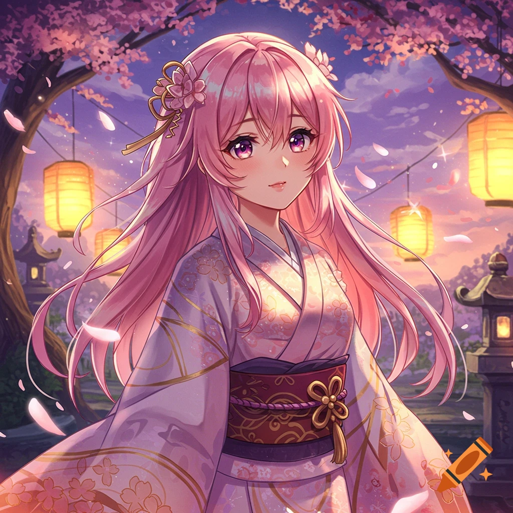 Anime girl with pink hair and purple eyes in a floral kimono, standing under cherry blossoms and lanterns at dusk, anime style.