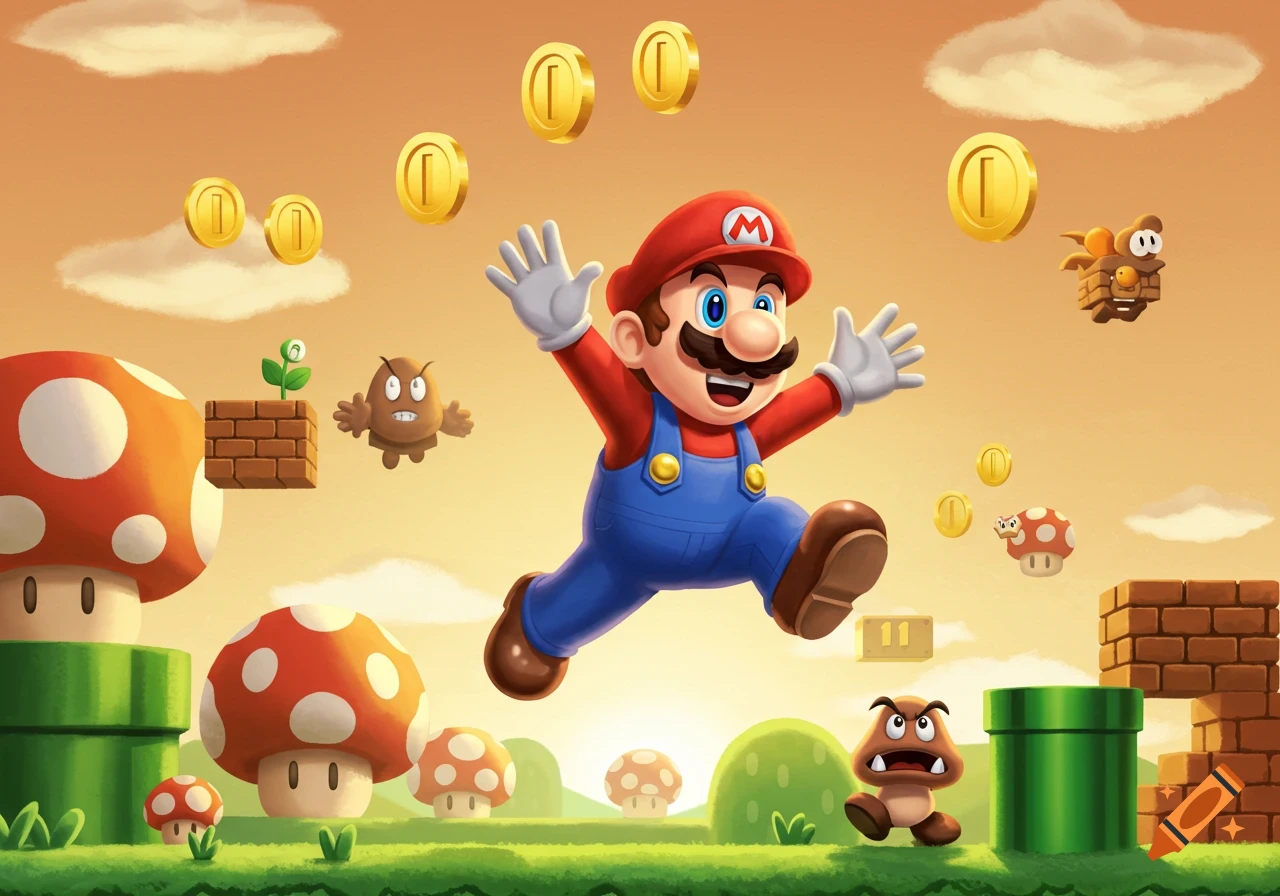 Mario leaps through a vibrant cartoon landscape reminiscent of Super Mario Bros., surrounded by coins, Goombas, mushrooms, and pipes.
