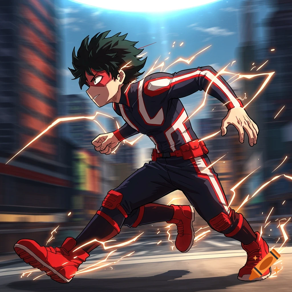 Anime speedster character in a red, black, and white suit, running with lightning effects through a city street.