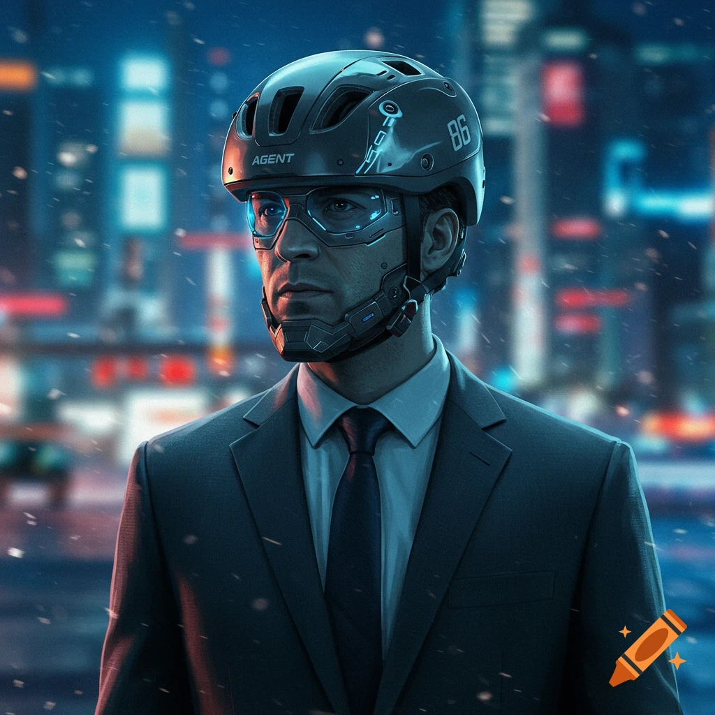 Photorealistic image of a man in a futuristic helmet and suit, standing in a snowy, neon-lit city at night.