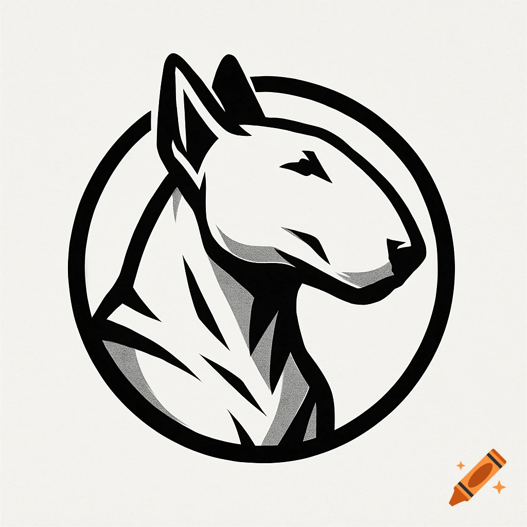 A black and white stylized Bull Terrier head logo in profile within a black circle.