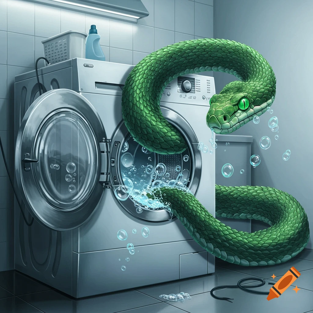 A large green snake with glowing eyes emerges from a front-loading washing machine filled with suds and water in a grey laundry room.