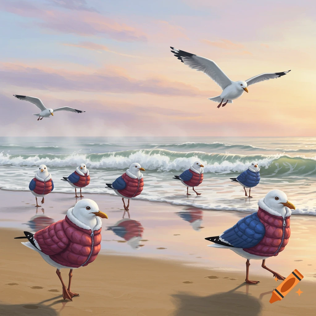 Several seagulls in red and blue puffer jackets walk and fly on a sandy beach with ocean waves under a pastel sunset.