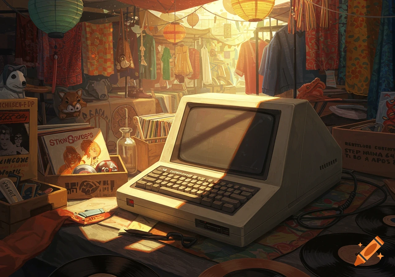 A retro Commodore 64 computer on a table with vinyl records and vintage items in a sunlit market stall, digital art.