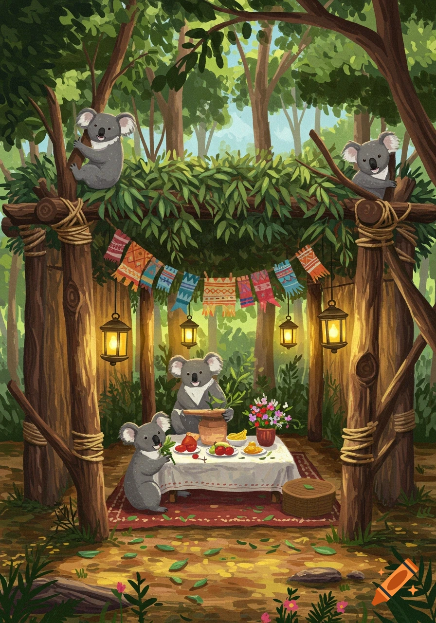 Cute illustration of koalas celebrating Sukkot in a forest sukkah, decorated with colorful banners and lanterns.