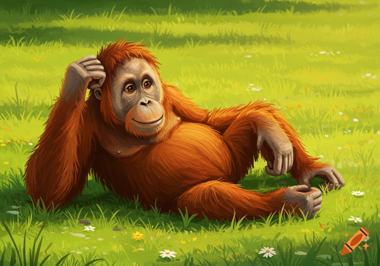 A relaxed, smiling orangutan with reddish-brown fur lies on its side in a vibrant green grassy field with small flowers, in a cartoon illustration style.