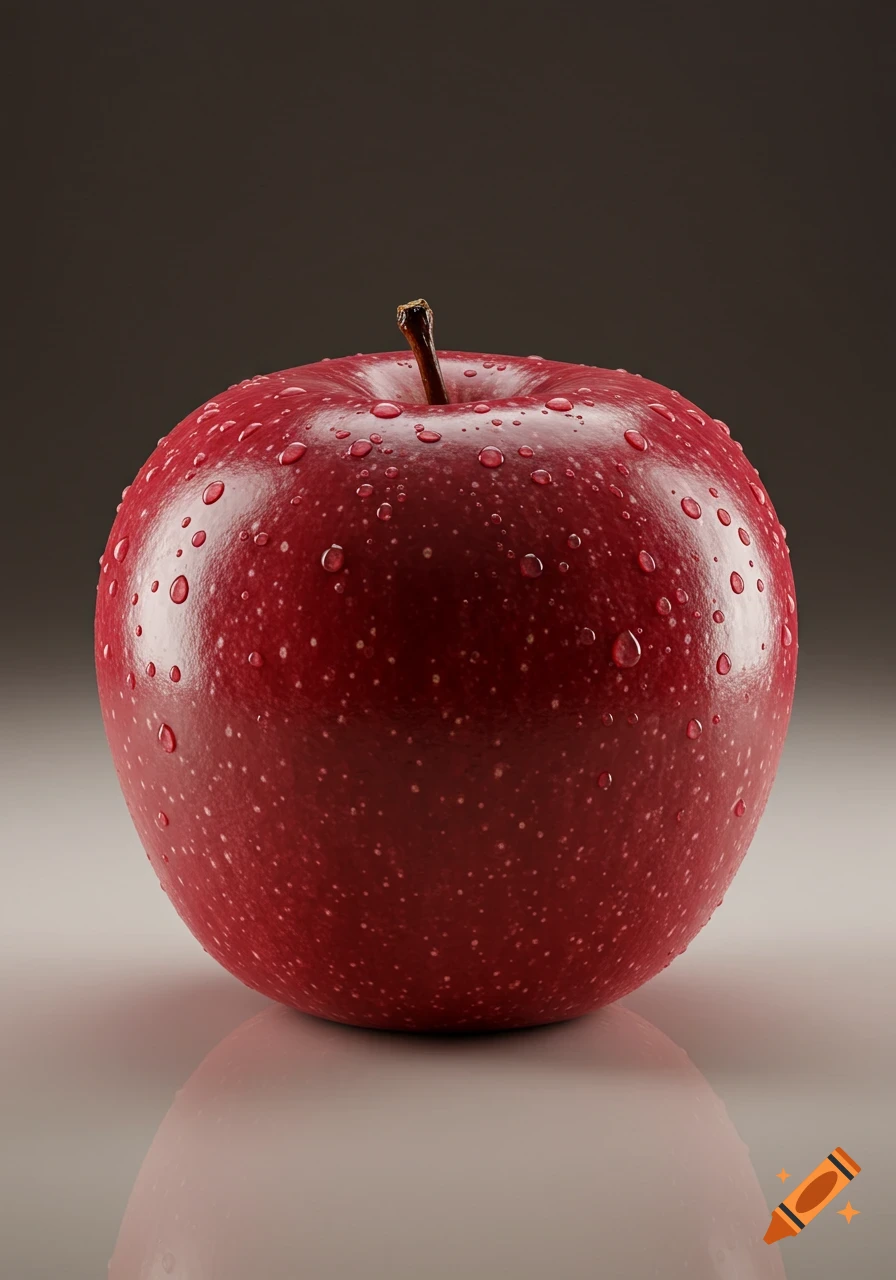 A vibrant red apple covered in water droplets, reflecting on a surface, against a dark background in a high-resolution photorealistic style.
