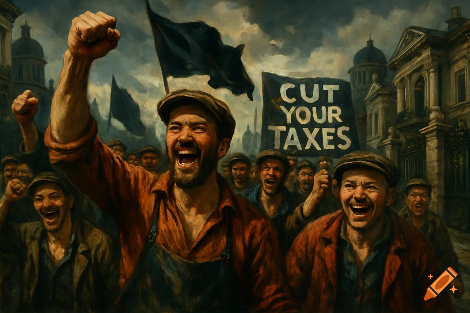 An oil painting of angry workers marching, raising fists, and carrying a banner that reads "CUT YOUR TAXES".