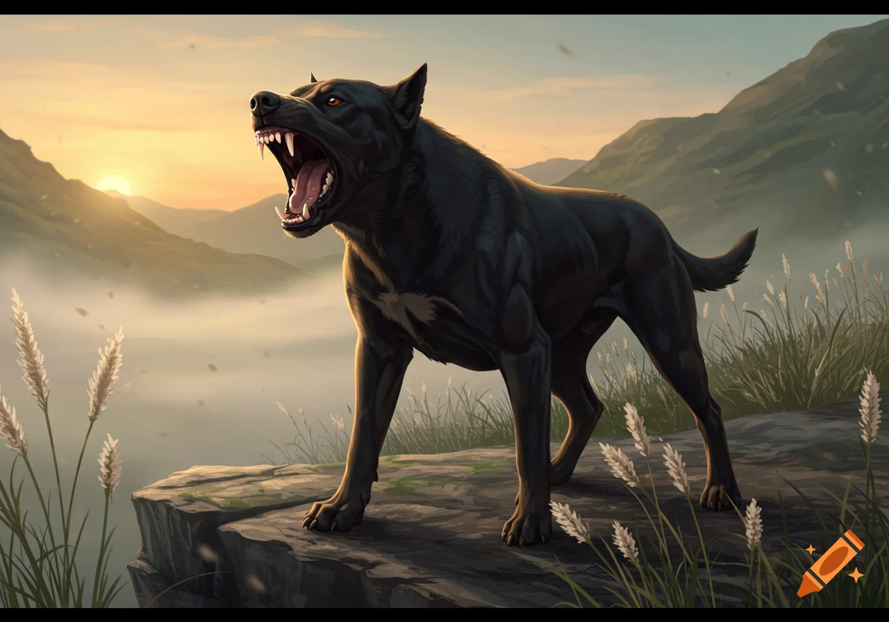 A black dog with bared teeth growls from a rocky cliff at sunset over a misty mountain range, digital art.